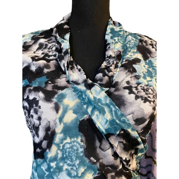 Y2K Silk Blend wrap V-neck top abstract floral print work classic cap sleeve - Picture 3 of 10
